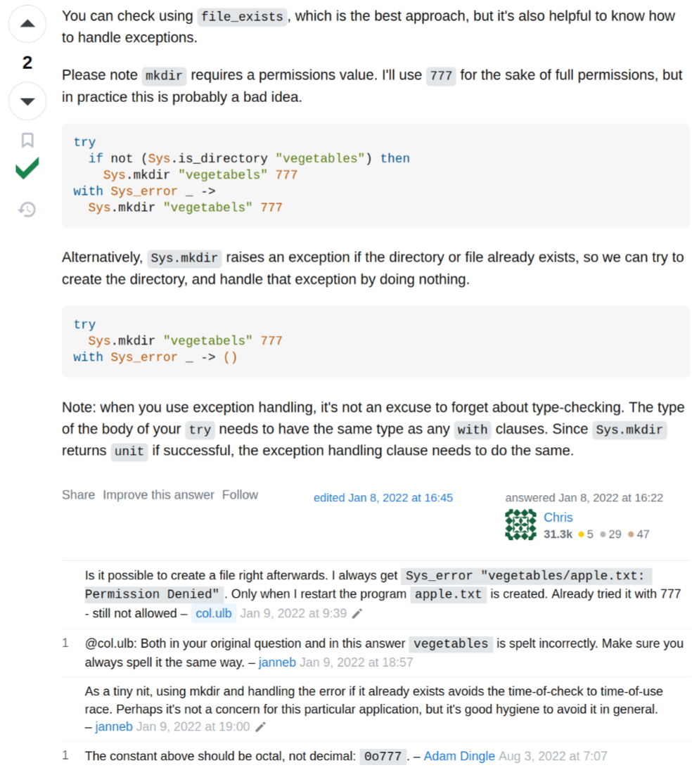A stack overflow answer saying to write 777 with a comment by Adam Dingle saying that’s wrong and to instead use 0o777