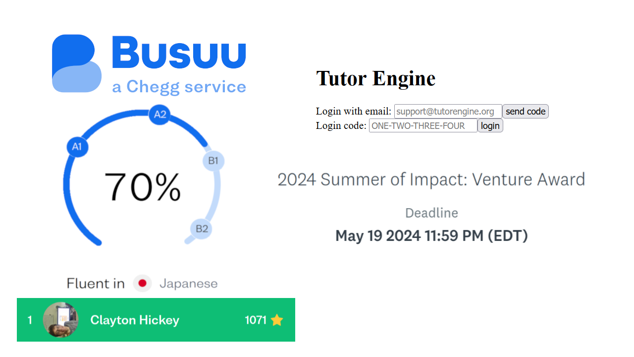 Summarizing week: used Busuu, Tutor Engine is currently ugly website, and venture award is due midnight tomorrow